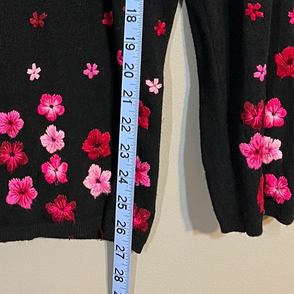 INC International Concepts Black Sweater w/ Embroidered Pink Flowers - Picture 5 of 6